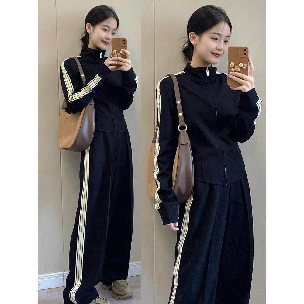 香港纯棉休闲运动服套装女春秋冬款加绒开衫卫衣时尚阔腿裤两件套