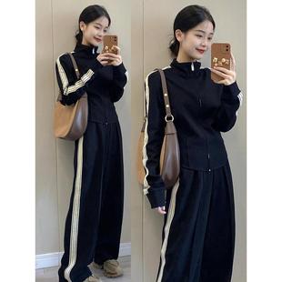 香港纯棉休闲运动服套装女春秋冬款加绒开衫卫衣时尚阔腿裤两件套