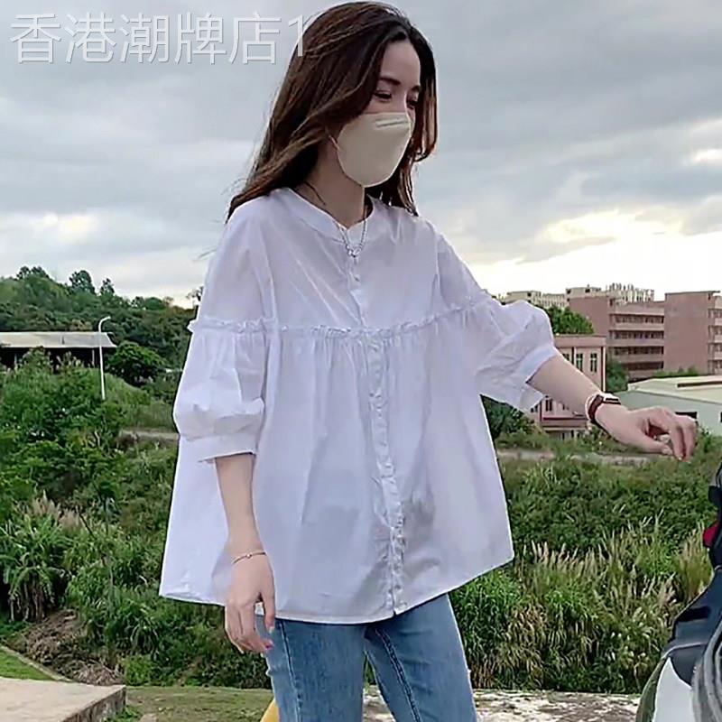 立领白色衬衫女宽松褶皱显瘦高级感娃娃衫夏季2026新款泡泡袖上衣