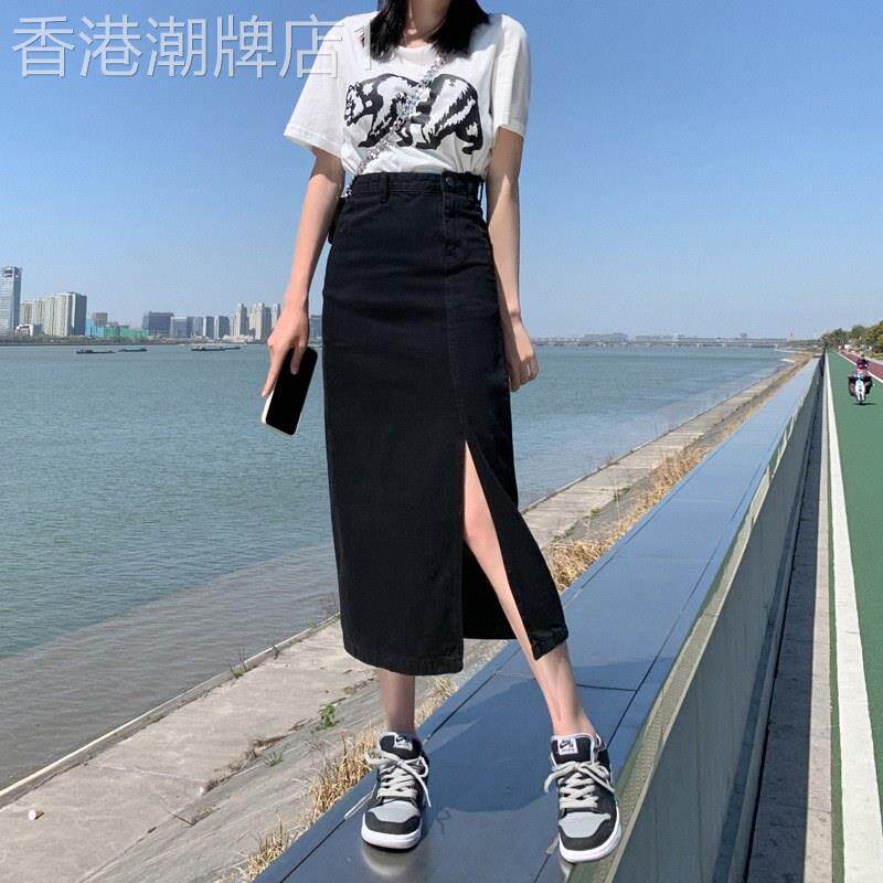 牛仔半身裙女夏季欧货爆款黑色高腰不规则开叉中长款包臀a字裙子