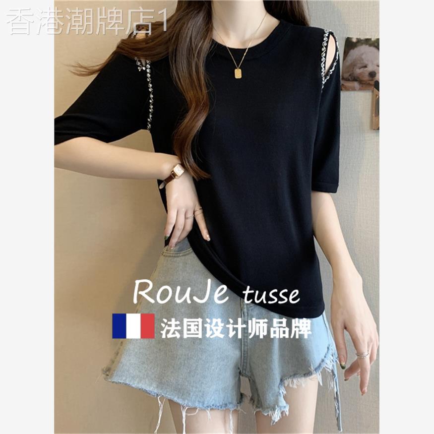 Rouje tusse韩版洋派镶钻冰丝针织上衣女夏季遮肚显瘦露肩短袖t恤