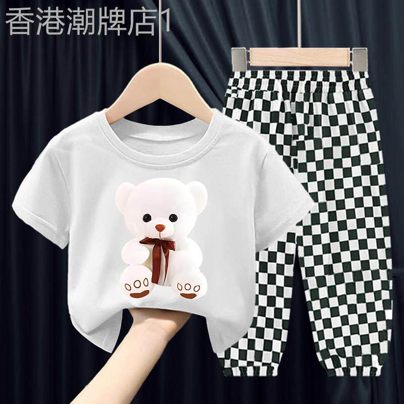 香港新款纯棉女童套装夏装防蚊裤运动套卡通女宝夏季中小童两件套