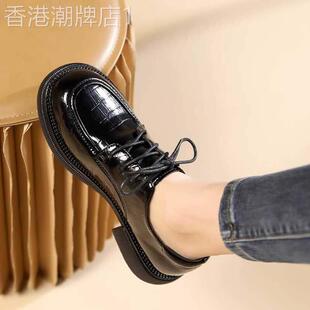 真皮单鞋女英伦风2025春秋季新款休闲系带女鞋平底职业亮皮小皮鞋