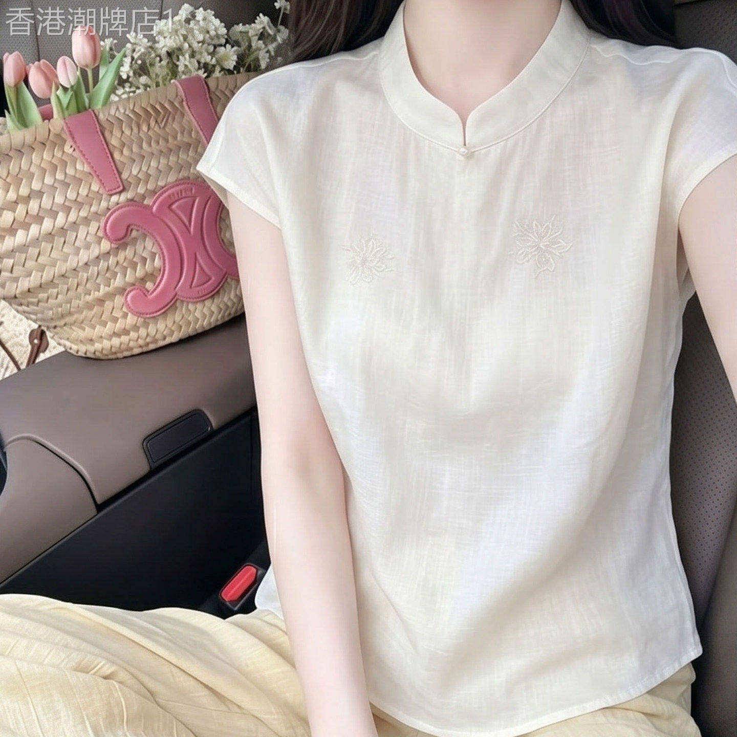 新中式短袖衬衫女夏季2026新款套头刺绣立领独特漂亮小衫国风上衣