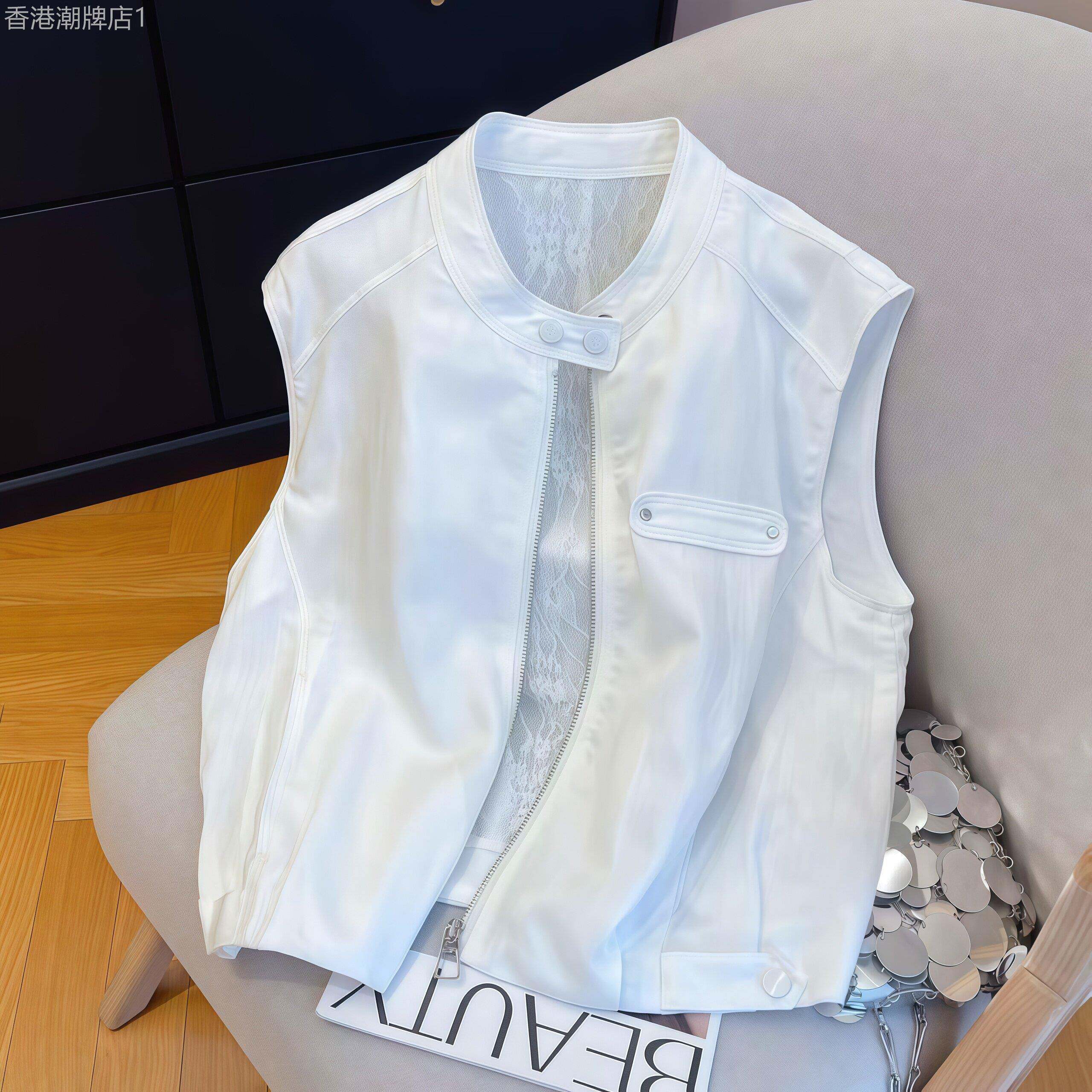 白色设计感拼接无袖马甲女2026春秋新款立领蕾丝百搭叠穿外套上衣