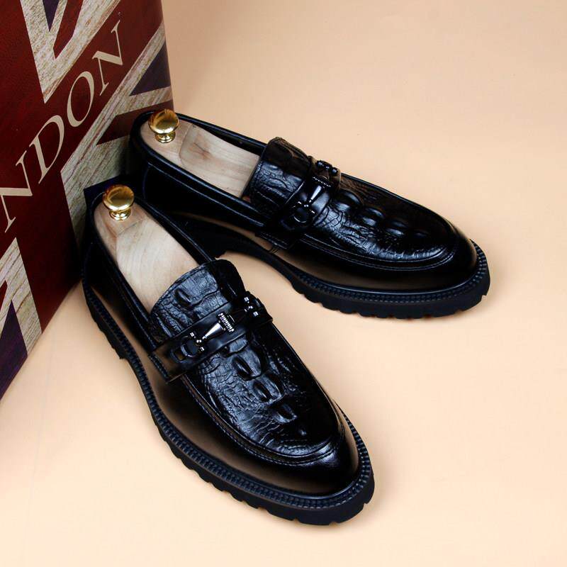春秋季新款真皮一脚蹬鳄鱼纹尖头皮鞋男韩版商务正装内增高休闲鞋