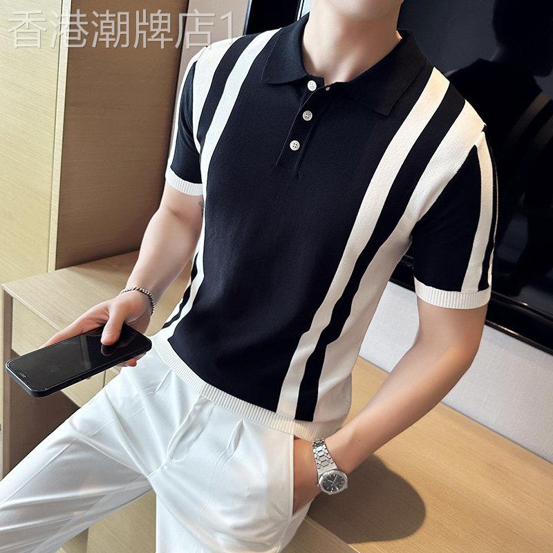 拼色条纹针织polo衫男短袖夏季薄款高端英伦商务休闲翻领冰丝T恤