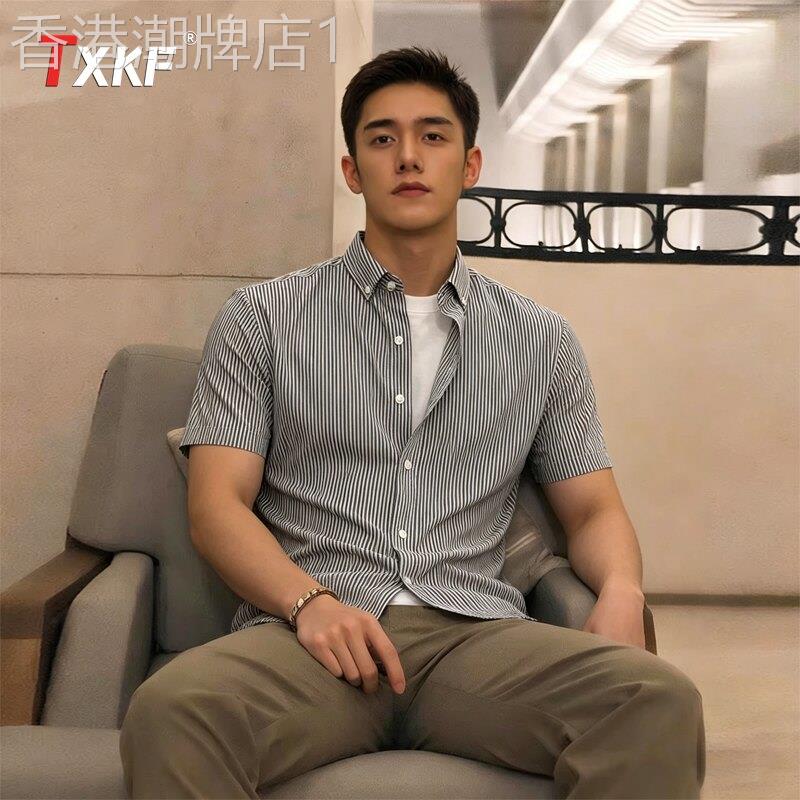 潮牌纯棉条纹短袖衬衫男士2026新款夏季休闲翻领防晒衬衫外套男款