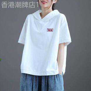 白色连帽短袖t恤女士夏季欧货大码胖mm宽松休闲套头半袖体恤上衣