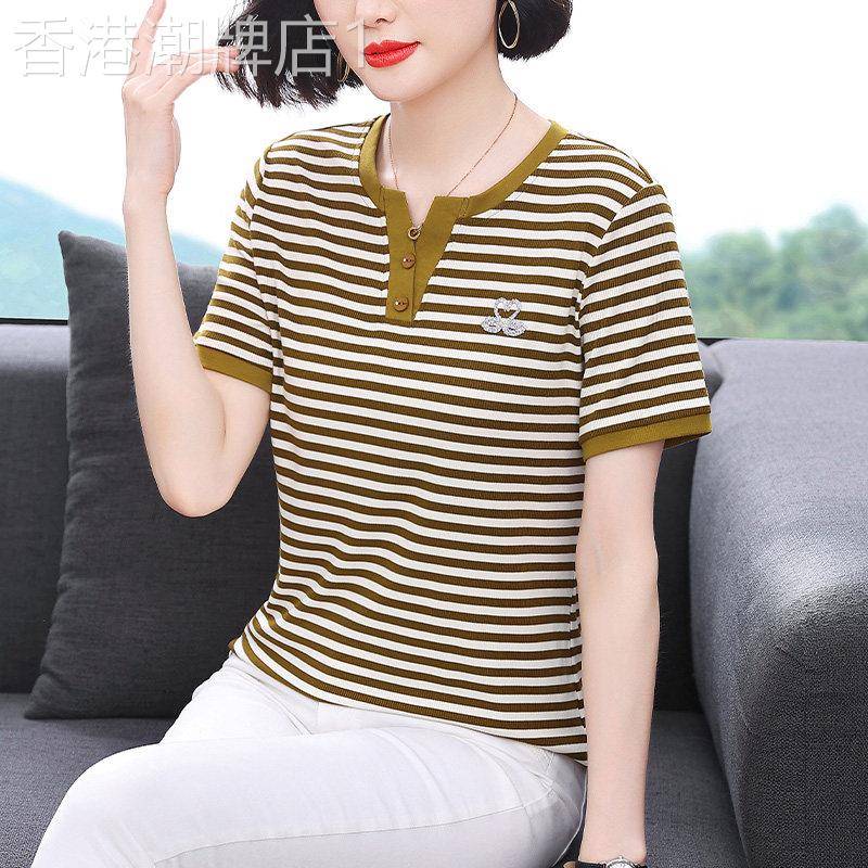 夏季V领短袖T恤女2026新款宽松显瘦时尚洋派女士条纹半袖上衣
