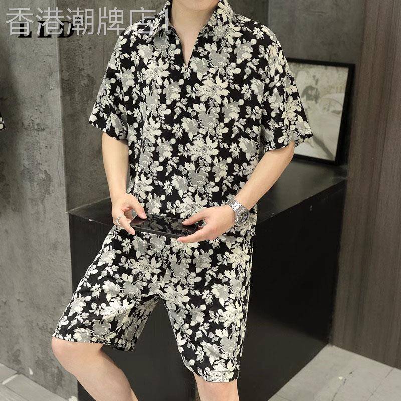 冰丝休闲套装男士夏季高端潮牌痞帅碎花POLO衫短袖短裤运动两件套