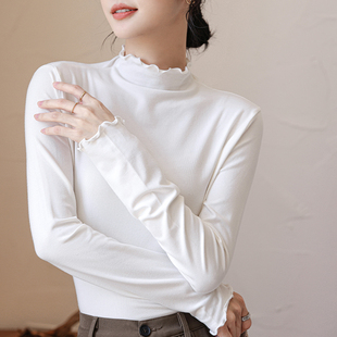 t恤薄款 女内搭秋冬上衣中领长袖 梦里蝶纯棉木耳边半高领打底衫