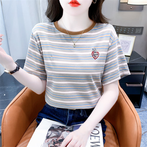 条纹t恤女短袖精致刺绣新款宽松