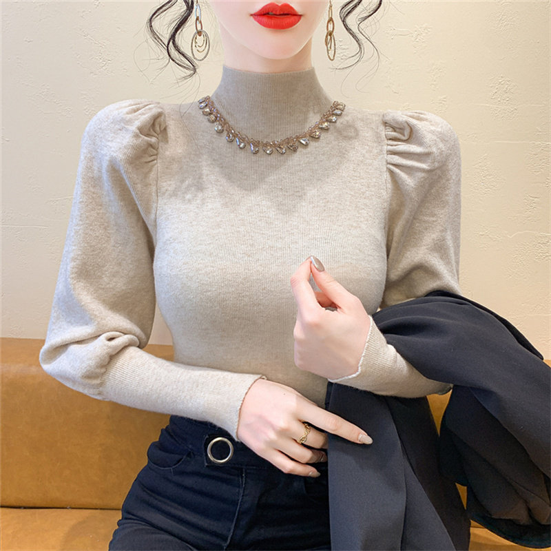 重工钉钻灯笼袖半高领毛衣针织衫女秋冬新款修身长袖打底衫上衣女