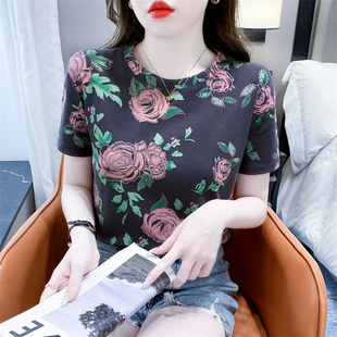 宽松显瘦百搭设计感小众上衣 时尚 花朵印花纯棉短袖 T恤女夏季 新款