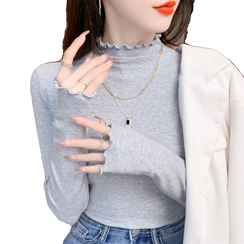 时尚洋气木耳边半高领打底衫女秋冬新款修身内搭长袖t恤春秋上衣