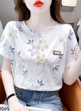纯棉立体花朵印花短袖t恤女士夏季新款宽松百搭显瘦白色体恤上衣