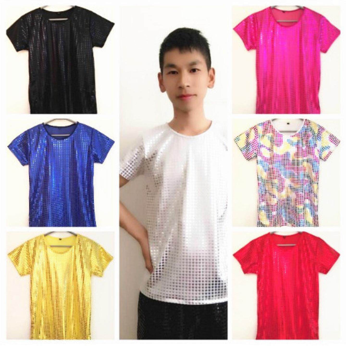 男女同款直筒弹力表演服爵士舞服现代舞台亮片短袖T恤衫上衣