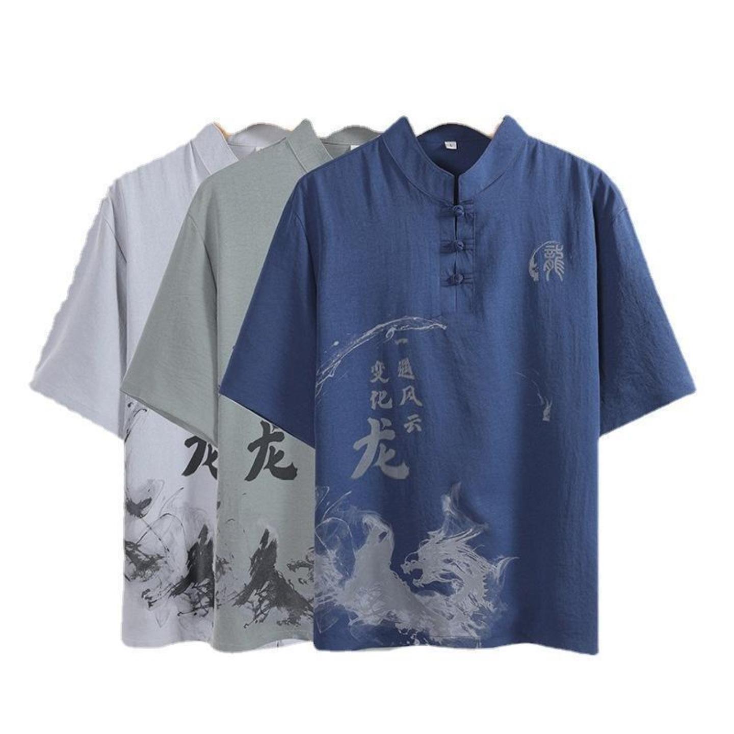 唐装男中夏季套装冰丝短袖两件套