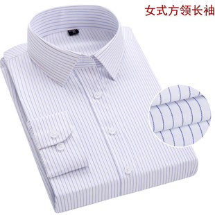 女式正装领白底蓝色竖条纹短袖衬衫方领修身工作服职业装衬衣