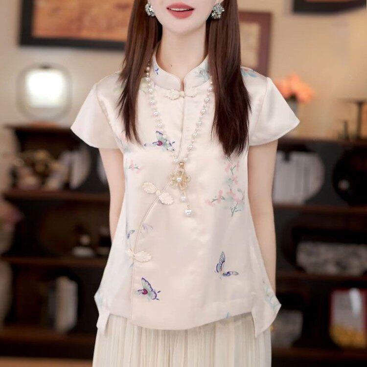 新中式妈妈装端庄大气雪纺小衫短袖夏季新款衬衫中老年女上衣夏天