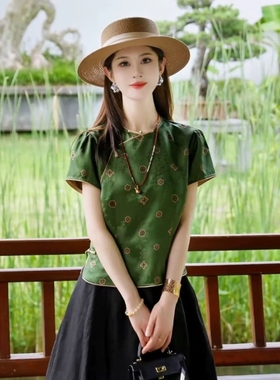 新中式绿色提花短袖衬衫女2025年新款国风斜襟桑蚕丝上衣改良唐装