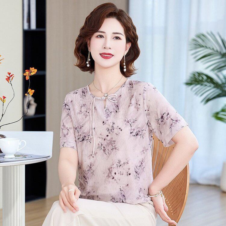 新款妈妈夏装翻领冰丝短袖t恤洋气小衫中老年女时尚针织上衣夏天
