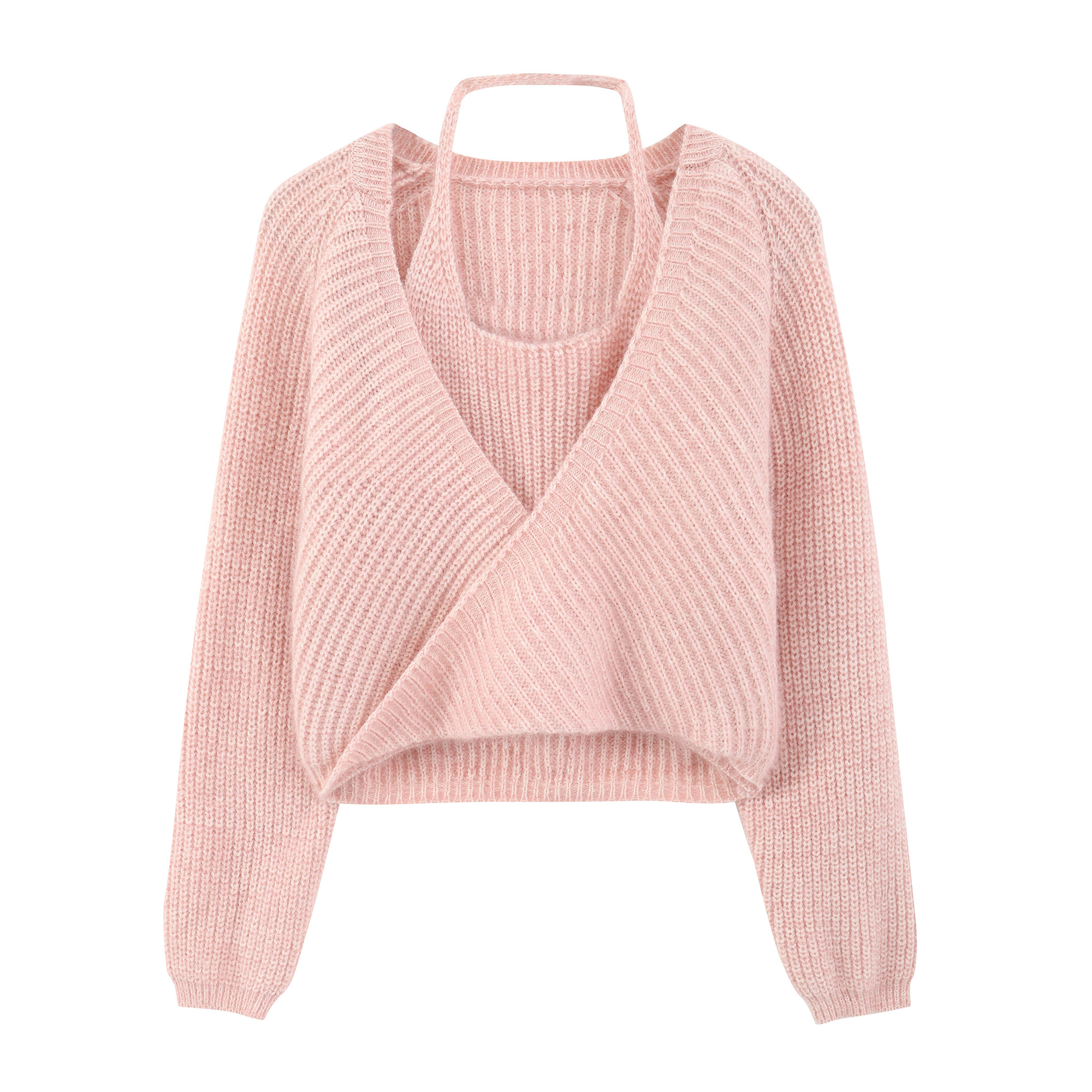 여성용 카운터 여성용 V 넥 탑 2024 봄 가을 프랑스 순수한 정욕 매력 홀터넥 가짜 투피스 짧은 스웨터