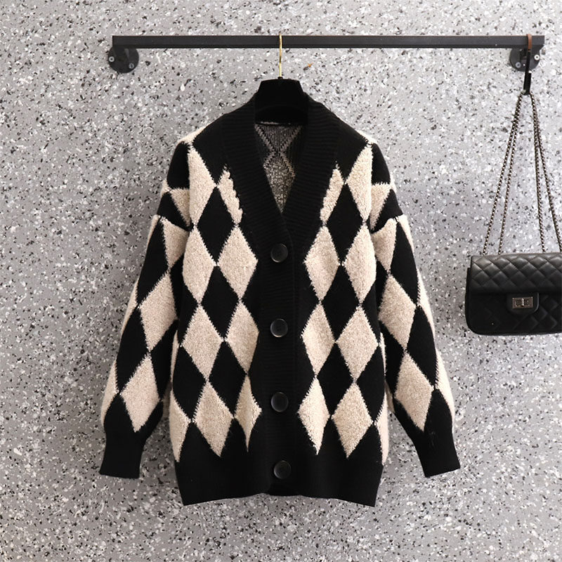 카운터 여성용 바둑판 스웨터 재킷 여성용 가을 겨울 슬림 카디건과 검은 색 드레스 투피스 슈트
