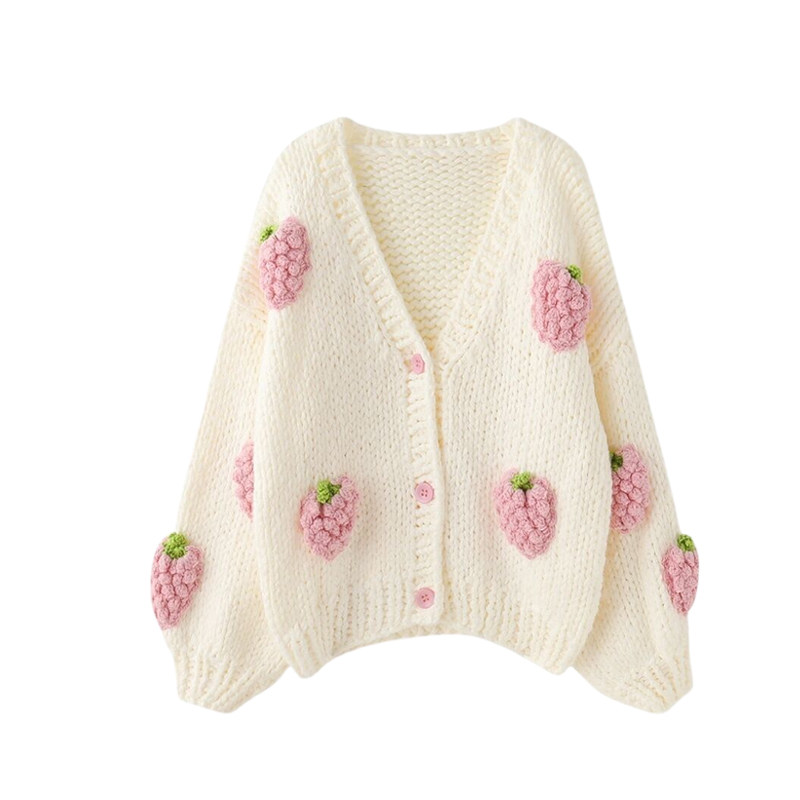 카운터 여성 의류 가을 겨울 두꺼운 수제 딸기 크로 셰 뜨개질 스틱 스티치 카디건 여성 게으른 스타일 느슨한 스웨터 재킷 트렌드