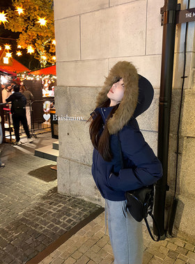 白水女 南区Fiona 藏蓝色短款棉服女冬季新款保暖加厚毛领外套