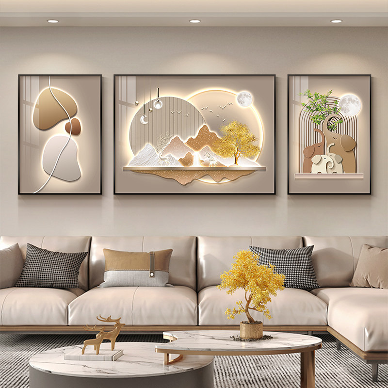 客厅装饰画现代轻奢高级感大白墙装饰抽象三联壁画沙发背景墙挂画
