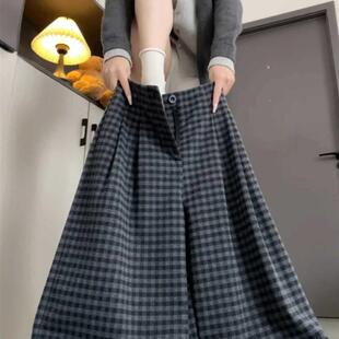 黑灰格子裤女2026新款春秋薄款阔腿裤宽松慵懒小个子毛呢显瘦裤子