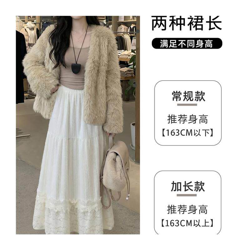 白色针织半身裙女2026春季新款温柔风气质a字小个子蕾丝蛋糕长裙