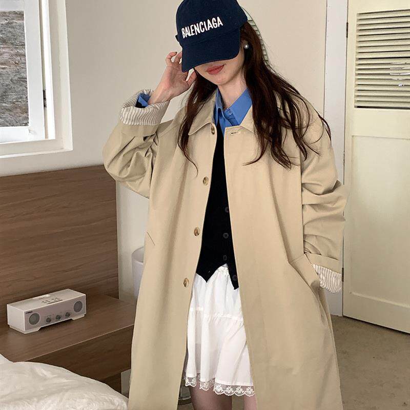 风衣外套女高级感2026春季新款韩版宽松休闲翻领卷边条纹长款大衣