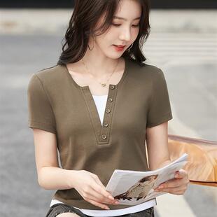 V领纽扣假两件高腰短款时尚百搭韩版2026夏装T恤棉质半袖小衫217
