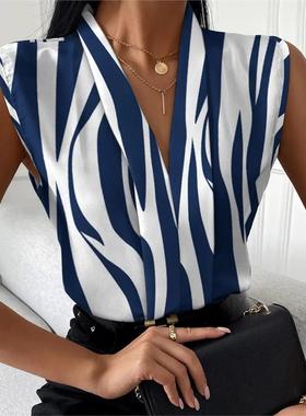 Allover Print Colorblock Casual Top欧美条纹无袖宽肩上衣夏季