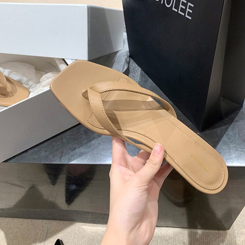 葡萄妈同款 曼城街角~夏季新款真皮平底人字拖外穿夹趾高跟拖鞋