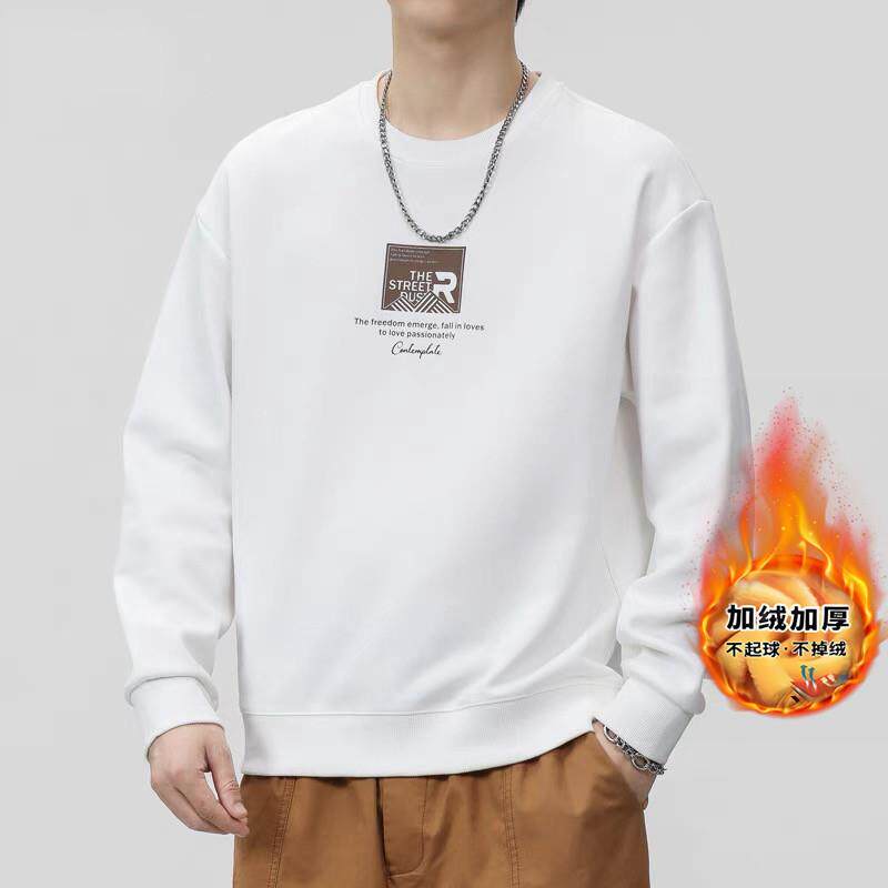 加绒卫衣男士秋季情侣圆领套头衫黑色宽松长袖针织上衣运动服女款