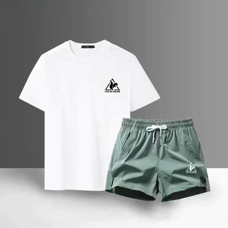 法国公鸡夏季新款休闲运动套装男大码短袖冰丝t恤短裤潮流两件套
