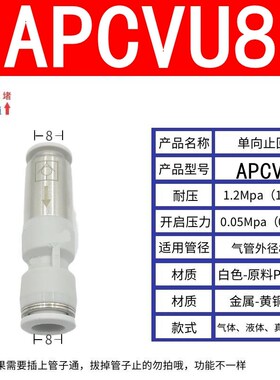 白气动SPV/SPU-04/6/8/10/12mm快插气管APCVU单向阀逆止回阀接头