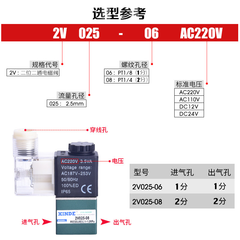 信德2V025-06-08 两位二通电磁阀 控制阀 换向阀 220V24V亚德客型