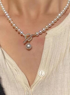 洋气OT扣~天然5-6mm项链8-9mm吊坠近圆强光细微瑕邻家珍珠少女