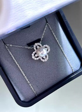 四叶草吊坠~天然淡水珍珠8-9mm花朵项链女轻奢小众设计感银配件