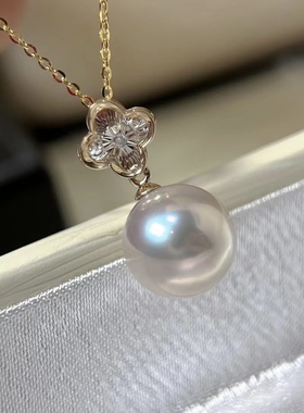 典雅四叶草～10-11mm超强光正圆18k金吊坠送银链邻家珍珠少女礼物