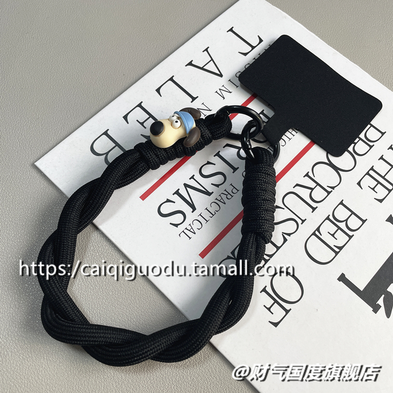 可爱立体掌门狗手腕挂绳手机壳ccd相机钥匙扣包包通用挂件黑色纯色简约女短款双扣结实挂饰拆卸挂链便携防丢