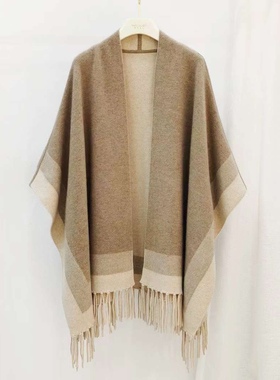 加厚双面手工纯山羊绒流苏撞色披肩百搭针织斗篷披风2022秋冬新品