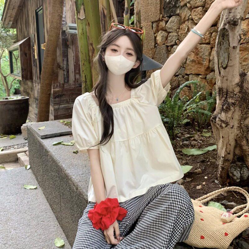 短款棉麻泡泡袖上衣女夏季2026新款法式白领娃娃衫小个子短袖衬衫