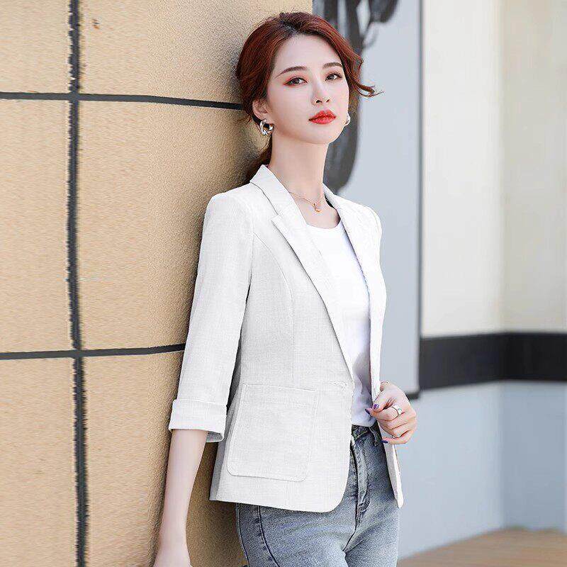 小西装外套女夏季薄款休闲2025新款短款小个子七分袖亚麻中袖西服