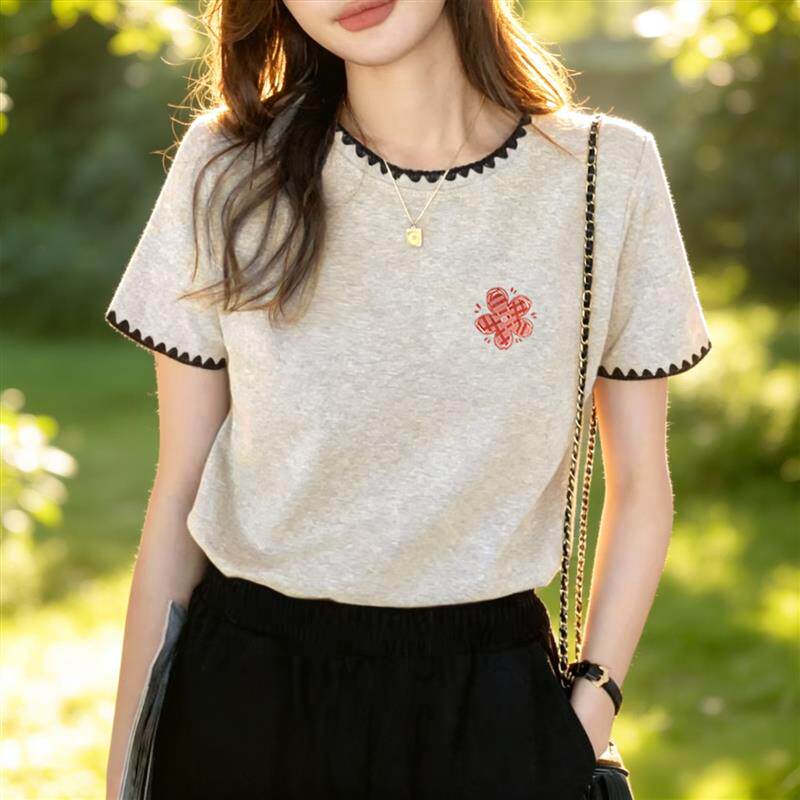 新款米灰色纯棉短袖T恤女夏季圆领显瘦独特减龄拼接撞色上衣女ins